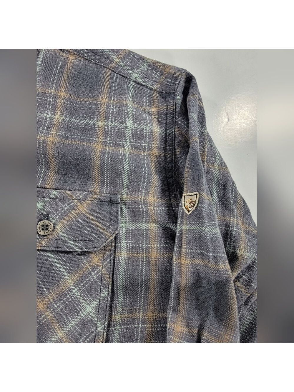 Kuhl Dillingr Flannel Shirt Men Medium Plaid Pockets Long Sleeve Gray Turquoise - Picture 12 of 13